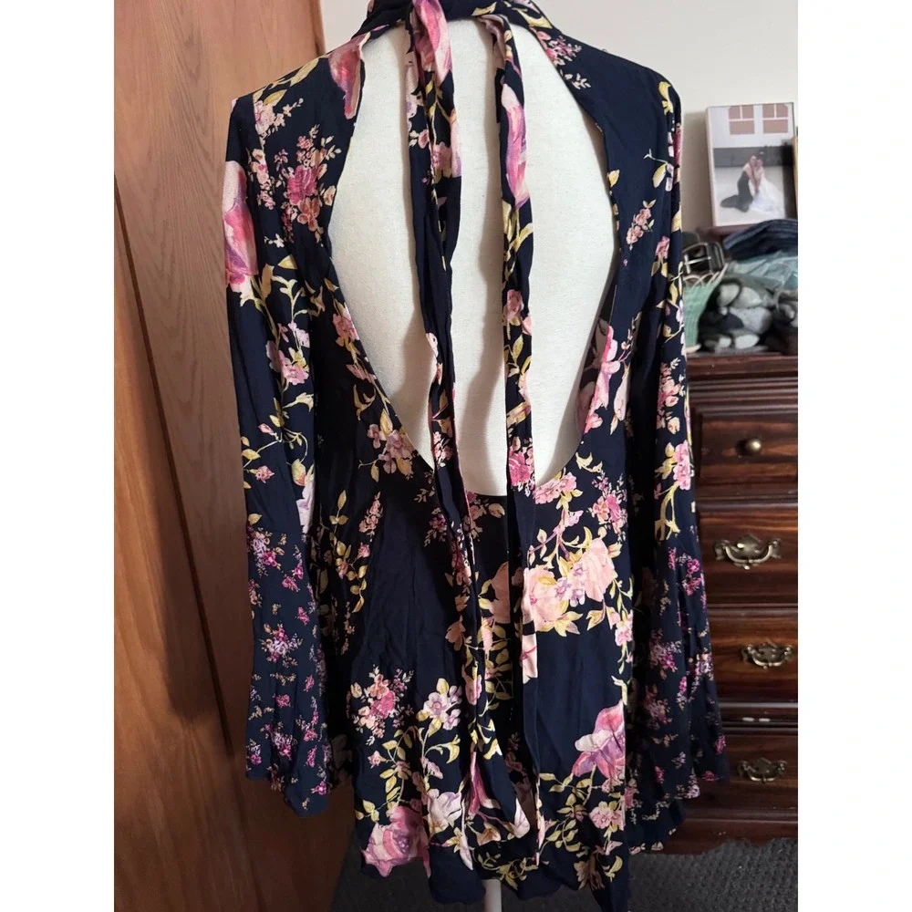Free People Floral Open Back Mini Dress Navy Blue Bell Sleeve Mock Neck Small